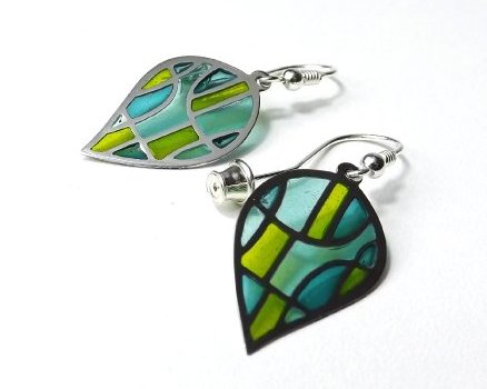 Boucles d’oreilles en émail Plique à Jour / Feuilles Vitraux / Les émaux Arédiens