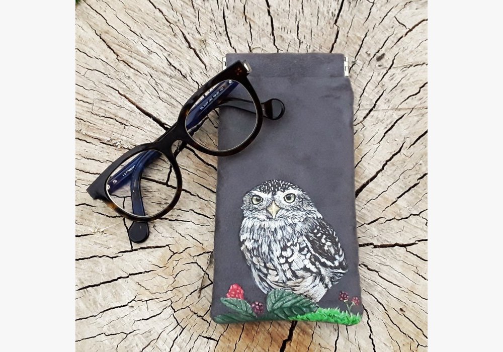 Etui à lunettes chouette chevêche peint main