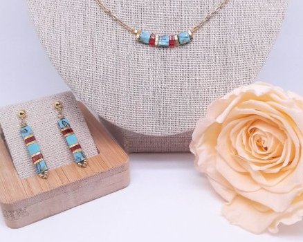 Parure en perles de verre et chaine acier inoxydable