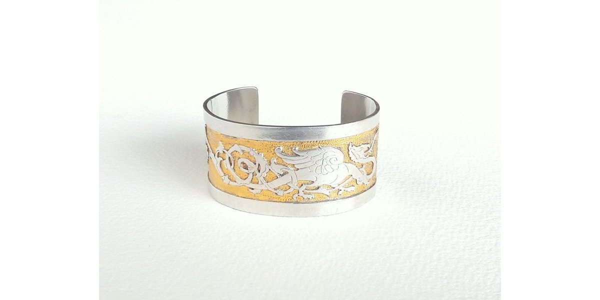 Dragon - bracelet gravé laiton doré et argenté