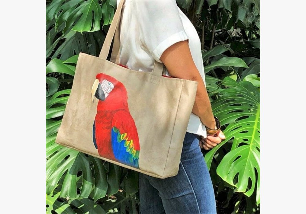 Sac cabas ara rouge peint main