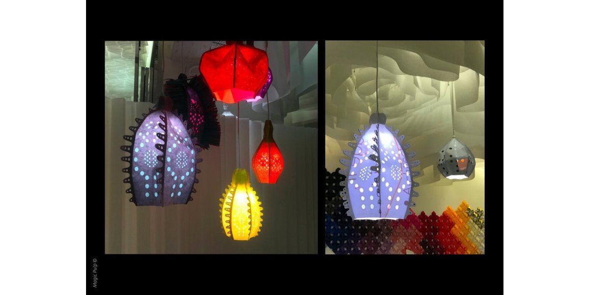 Séries de luminaires pop-up sans structure et léger - Drop Paper, découpes numériques et coutures - Divers formats et couleurs