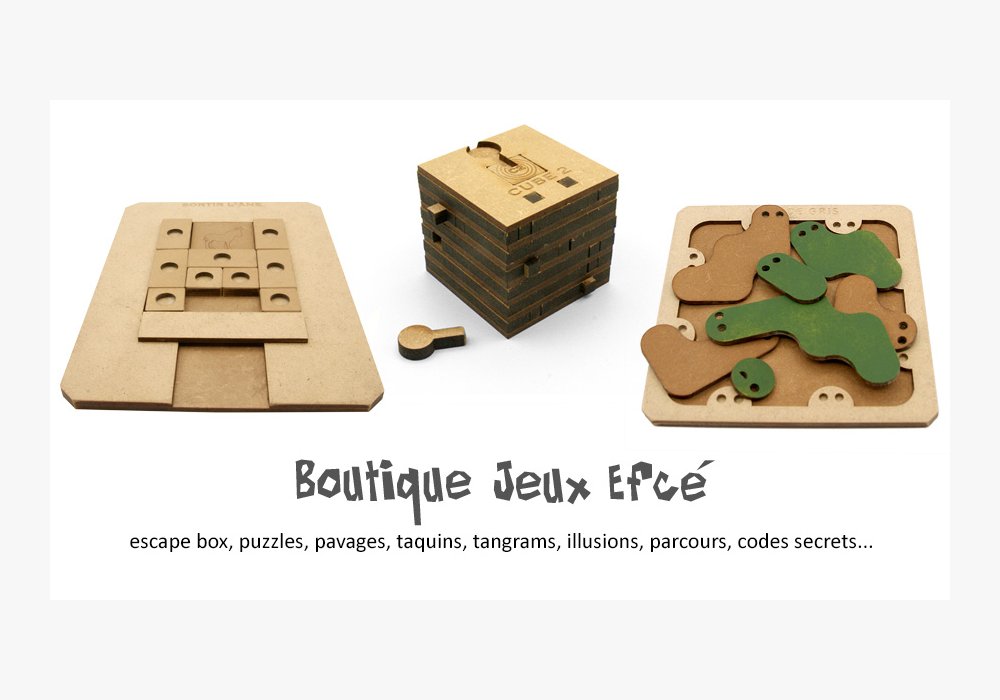 escape box, puzzles, pavages, taquins, tangrams, illusions, parcours, codes secrets...